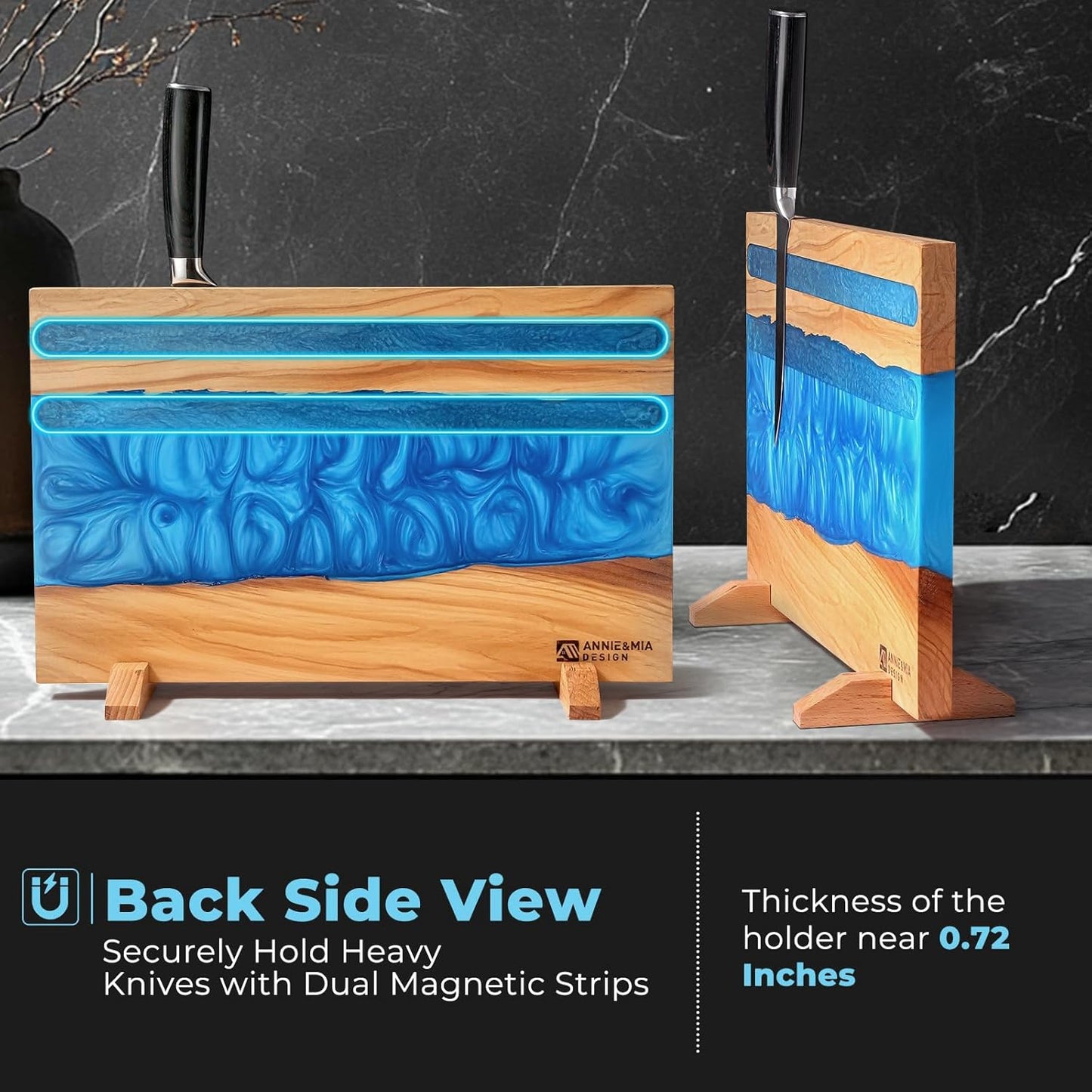 Blue Epoxy Resin Magnetic Knife Holder Block Made of Premium Olive Wood without Knives Decorative Kitchen Knife Block Resin River Design, Wooden Knife Block Strong Magnets