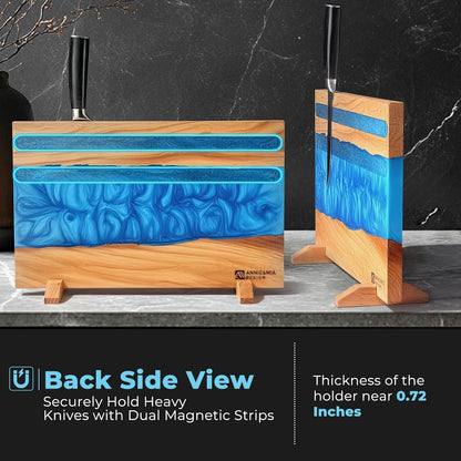 Blue Epoxy Resin Magnetic Knife Holder Block Made of Premium Olive Wood without Knives Decorative Kitchen Knife Block Resin River Design, Wooden Knife Block Strong Magnets