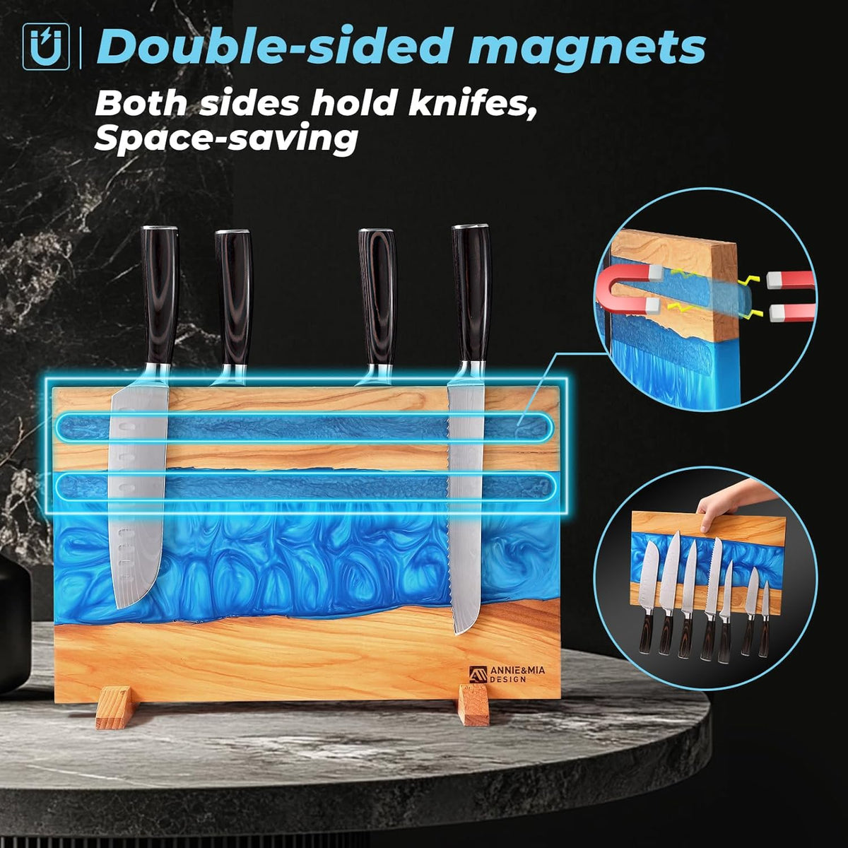 Blue Epoxy Resin Magnetic Knife Holder Block Made of Premium Olive Wood without Knives Decorative Kitchen Knife Block Resin River Design, Wooden Knife Block Strong Magnets