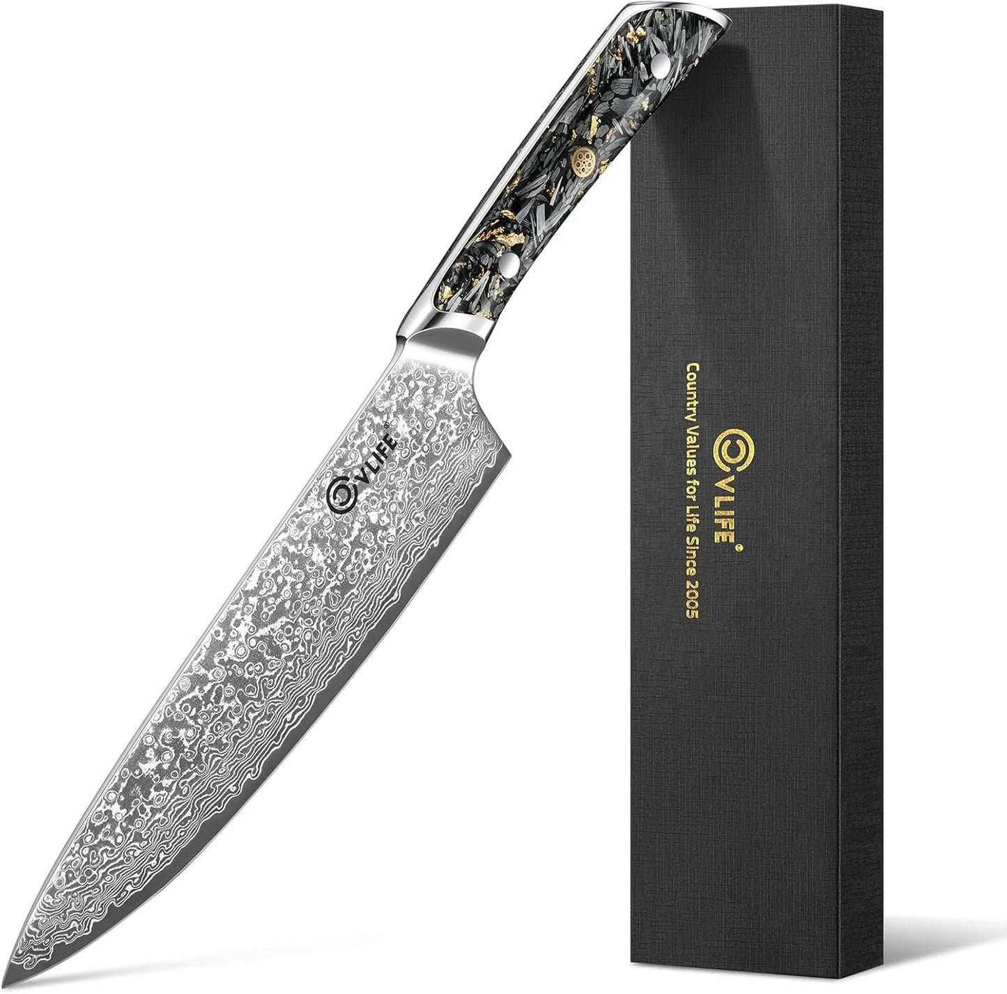 Chef Knife, 8 Inch Damascus Knife with Japanese High Carbon 10Cr15Mov Core, Full Tang Ergonomic Handle for Balance & Control, Razor Sharp Kitchen Knife for Cooking with Sheath & Box