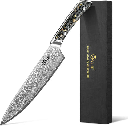 Chef Knife, 8 Inch Damascus Knife with Japanese High Carbon 10Cr15Mov Core, Full Tang Ergonomic Handle for Balance & Control, Razor Sharp Kitchen Knife for Cooking with Sheath & Box