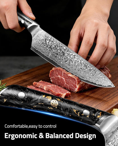 Chef Knife, 8 Inch Damascus Knife with Japanese High Carbon 10Cr15Mov Core, Full Tang Ergonomic Handle for Balance & Control, Razor Sharp Kitchen Knife for Cooking with Sheath & Box