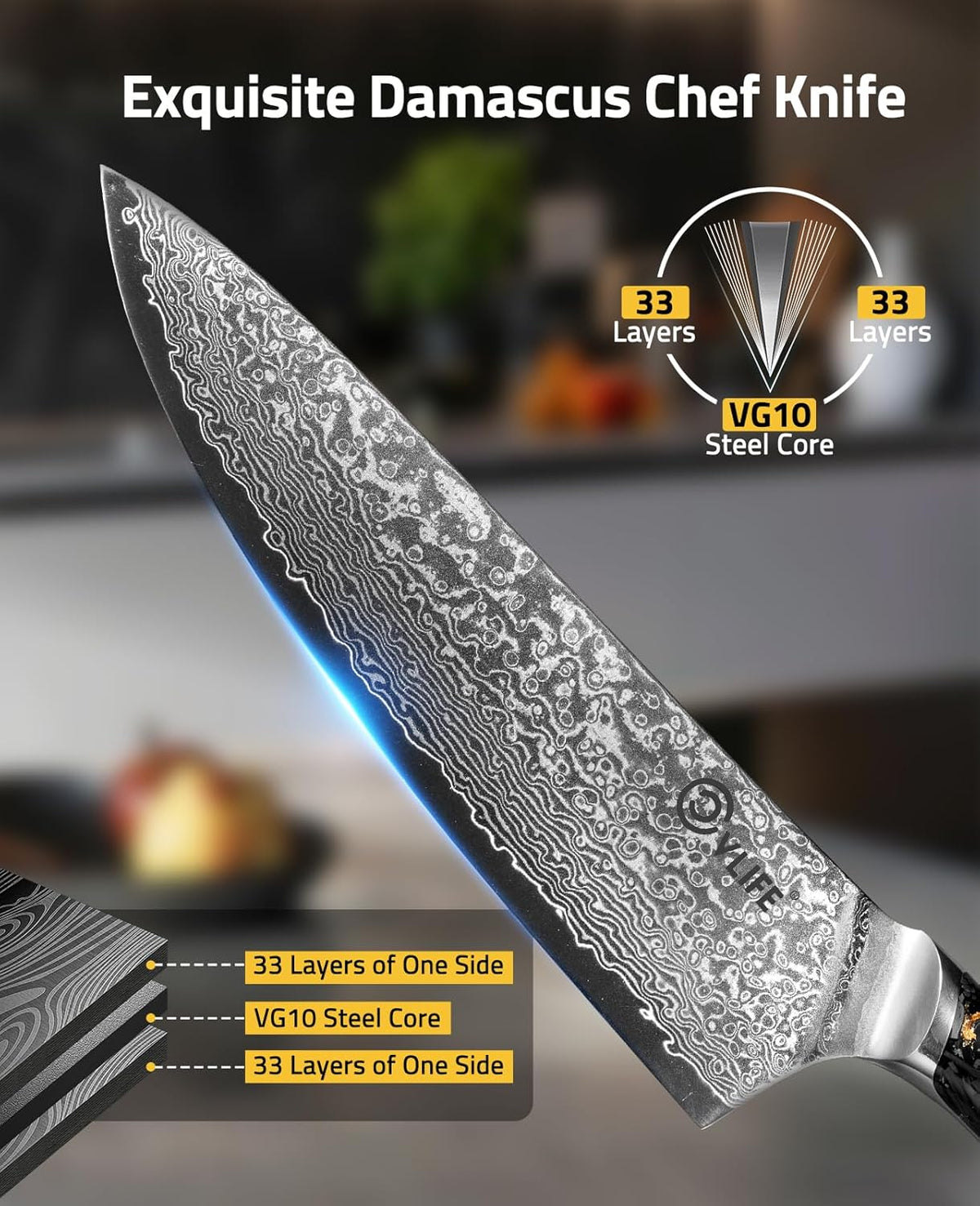 Chef Knife, 8 Inch Damascus Knife with Japanese High Carbon 10Cr15Mov Core, Full Tang Ergonomic Handle for Balance & Control, Razor Sharp Kitchen Knife for Cooking with Sheath & Box