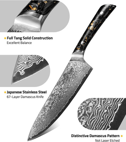 Chef Knife, 8 Inch Damascus Knife with Japanese High Carbon 10Cr15Mov Core, Full Tang Ergonomic Handle for Balance & Control, Razor Sharp Kitchen Knife for Cooking with Sheath & Box