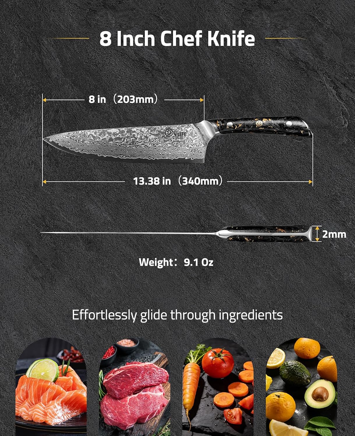 Chef Knife, 8 Inch Damascus Knife with Japanese High Carbon 10Cr15Mov Core, Full Tang Ergonomic Handle for Balance & Control, Razor Sharp Kitchen Knife for Cooking with Sheath & Box