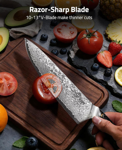 Chef Knife, 8 Inch Damascus Knife with Japanese High Carbon 10Cr15Mov Core, Full Tang Ergonomic Handle for Balance & Control, Razor Sharp Kitchen Knife for Cooking with Sheath & Box