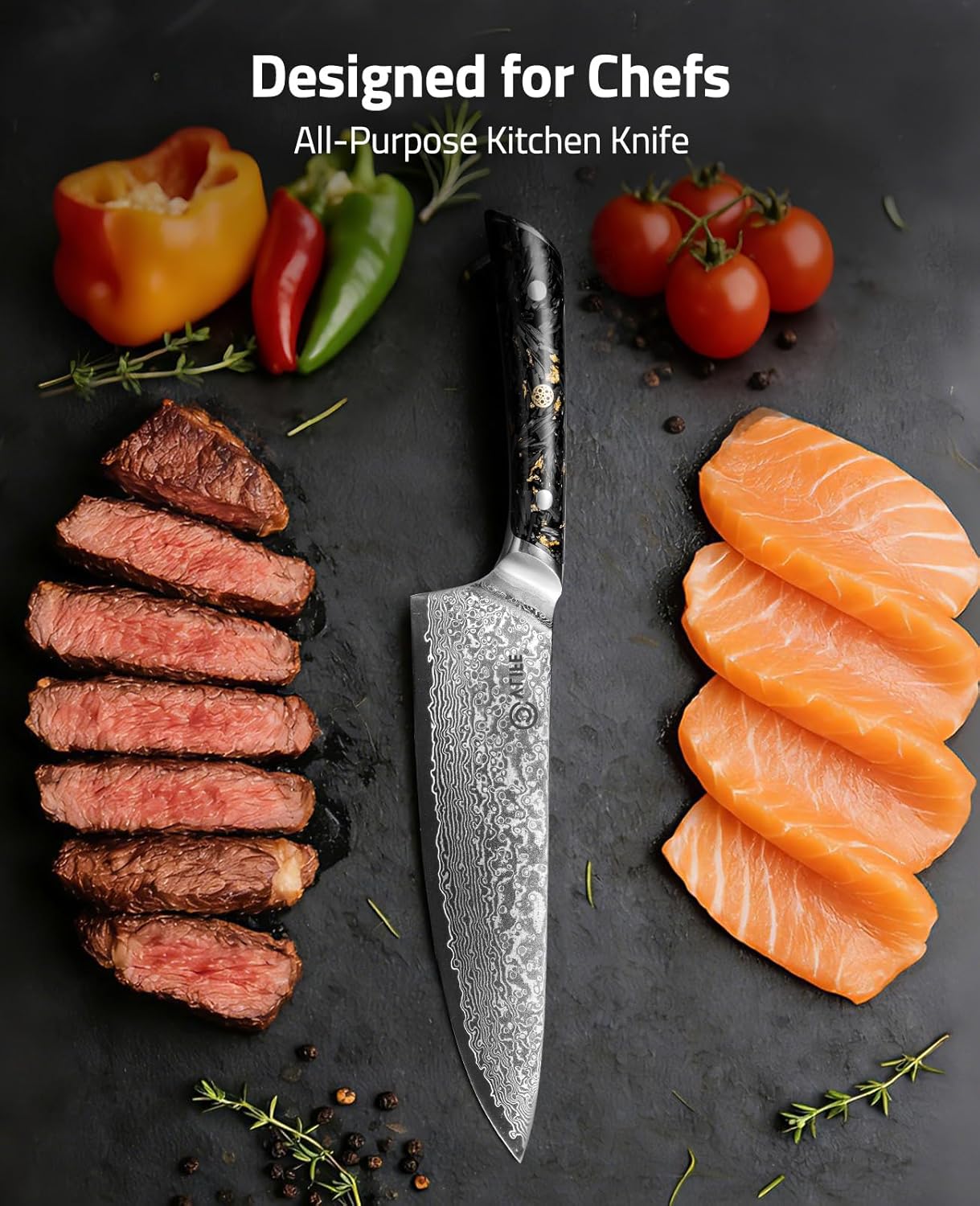 Chef Knife, 8 Inch Damascus Knife with Japanese High Carbon 10Cr15Mov Core, Full Tang Ergonomic Handle for Balance & Control, Razor Sharp Kitchen Knife for Cooking with Sheath & Box