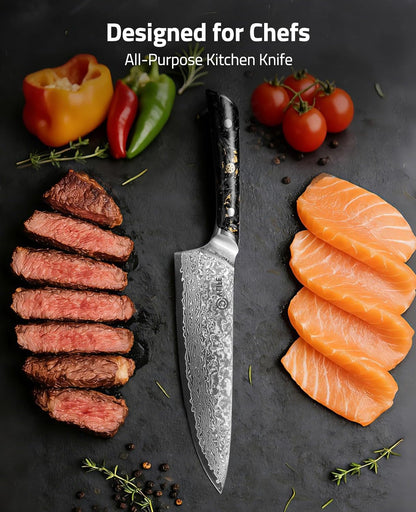 Chef Knife, 8 Inch Damascus Knife with Japanese High Carbon 10Cr15Mov Core, Full Tang Ergonomic Handle for Balance & Control, Razor Sharp Kitchen Knife for Cooking with Sheath & Box