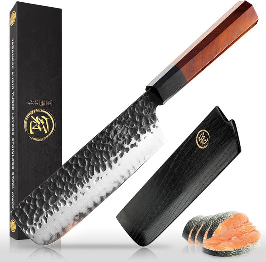 7 Inch Nakiri Chef Knife AUS10 3-layer High Carbon Stainless Steel Vegetable Kitchen Knife, Hand Forged Professional Sharp Multipurpose Nakiri Knife(Rosewood Handle & Gift Box)