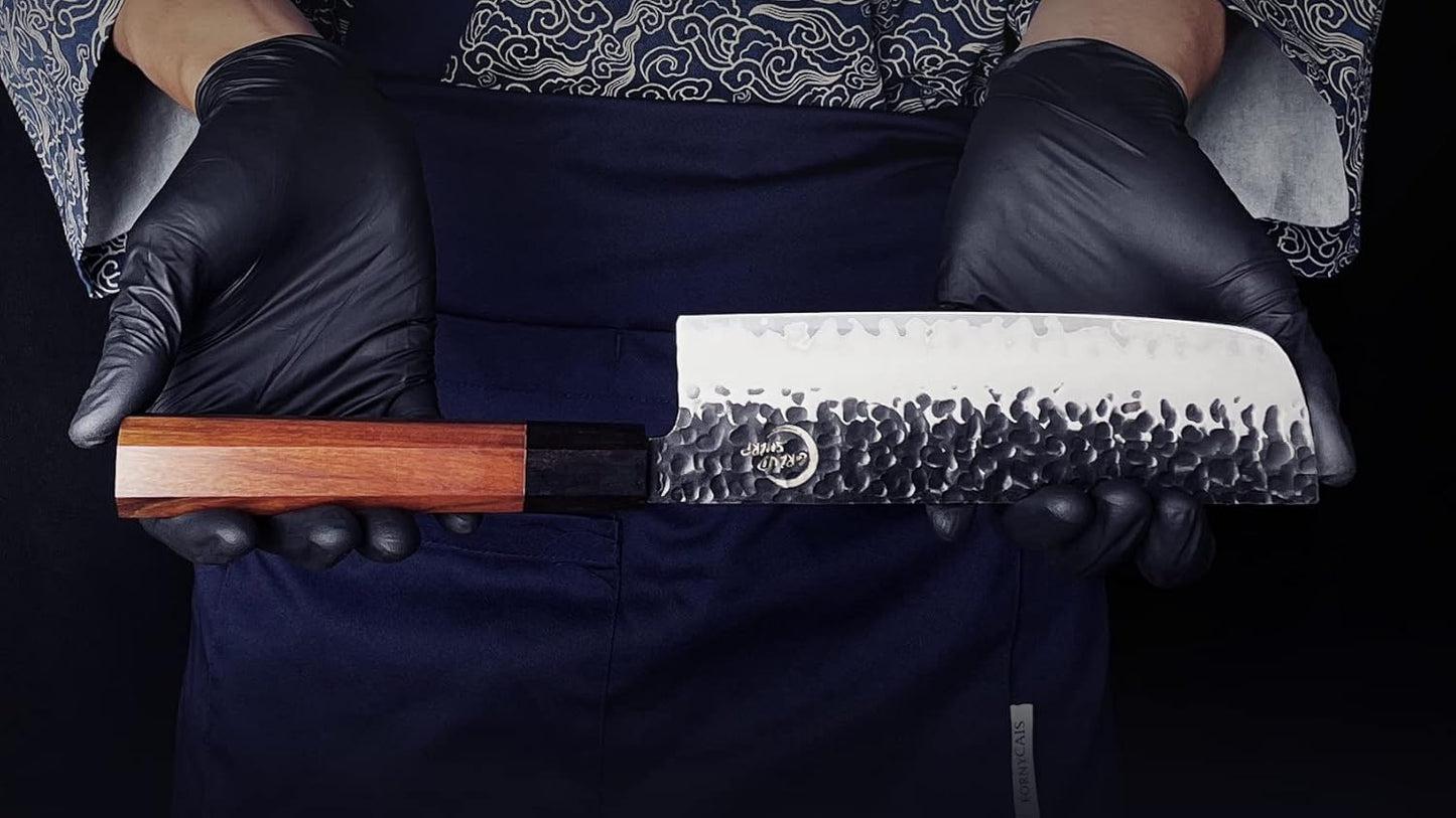 7 Inch Nakiri Chef Knife AUS10 3-layer High Carbon Stainless Steel Vegetable Kitchen Knife, Hand Forged Professional Sharp Multipurpose Nakiri Knife(Rosewood Handle & Gift Box)