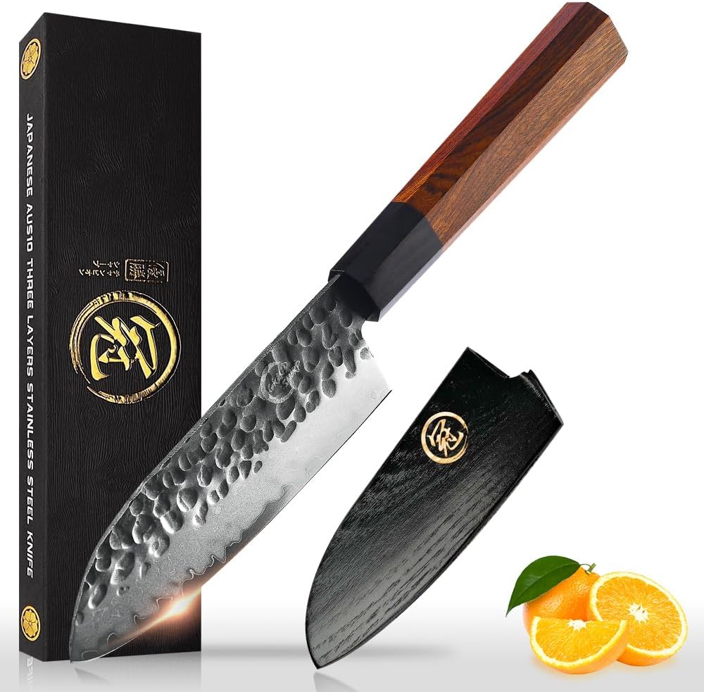 7 Inch Nakiri Chef Knife AUS10 3-layer High Carbon Stainless Steel Vegetable Kitchen Knife, Hand Forged Professional Sharp Multipurpose Nakiri Knife(Rosewood Handle & Gift Box)