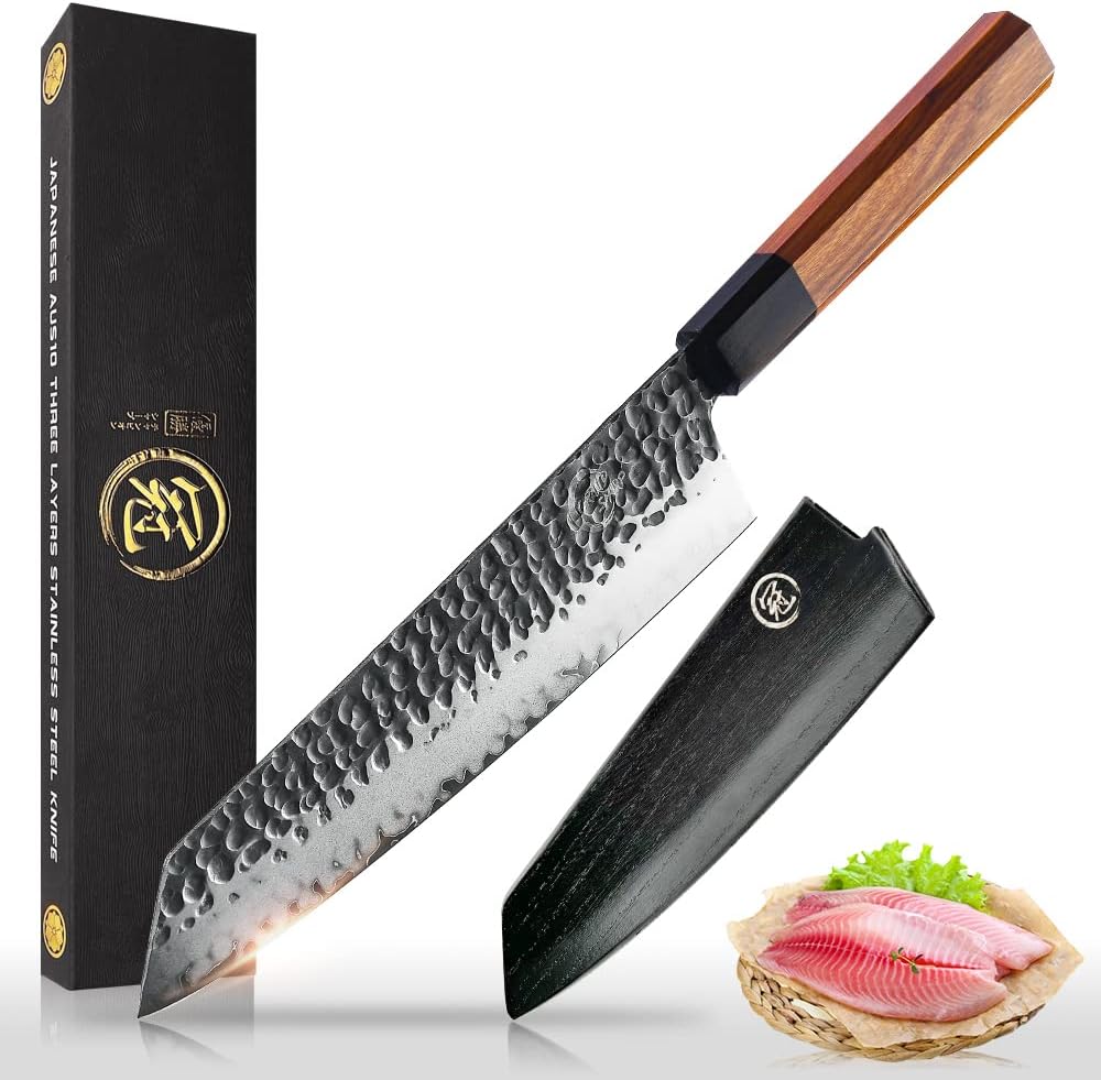 7 Inch Nakiri Chef Knife AUS10 3-layer High Carbon Stainless Steel Vegetable Kitchen Knife, Hand Forged Professional Sharp Multipurpose Nakiri Knife(Rosewood Handle & Gift Box)