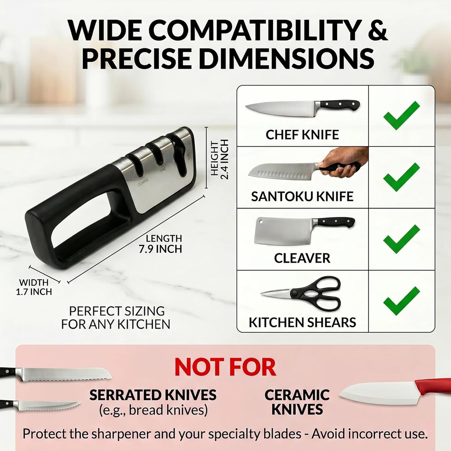 Premium 3-in-1 Knife and Scissors Sharpener, Professional Manual Kitchen Blade Sharpening Tool with Tungsten Ceramic Diamond Abrasives, Ergonomic Handle, Black