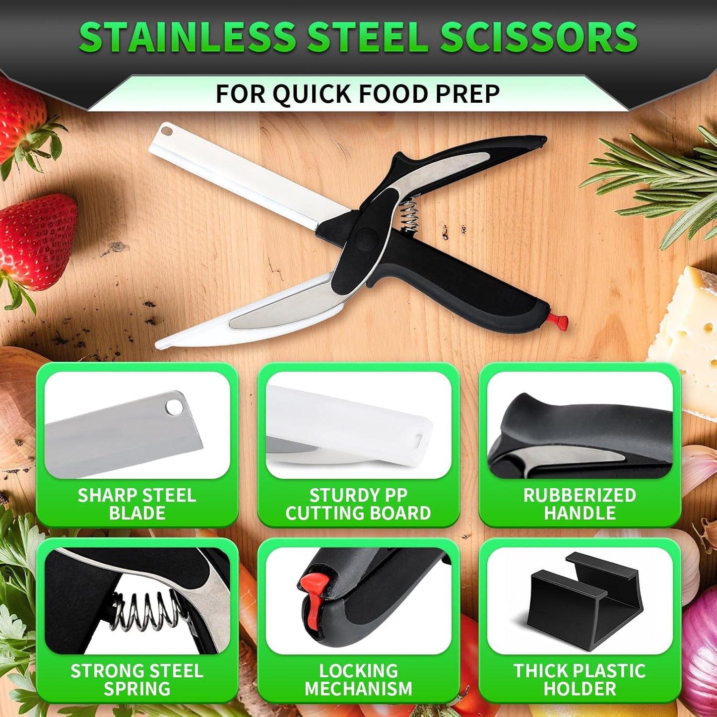 Food Cutting Scissors with Built-in Chopping Board - Premium Stainless Steel Kitchen Shears for Vegetables Fruits Meat Poultry - 2-in-1 Multi-Purpose Dishwasher Safe
