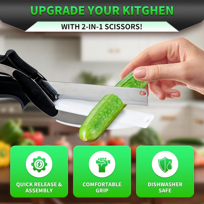 Food Cutting Scissors with Built-in Chopping Board - Premium Stainless Steel Kitchen Shears for Vegetables Fruits Meat Poultry - 2-in-1 Multi-Purpose Dishwasher Safe