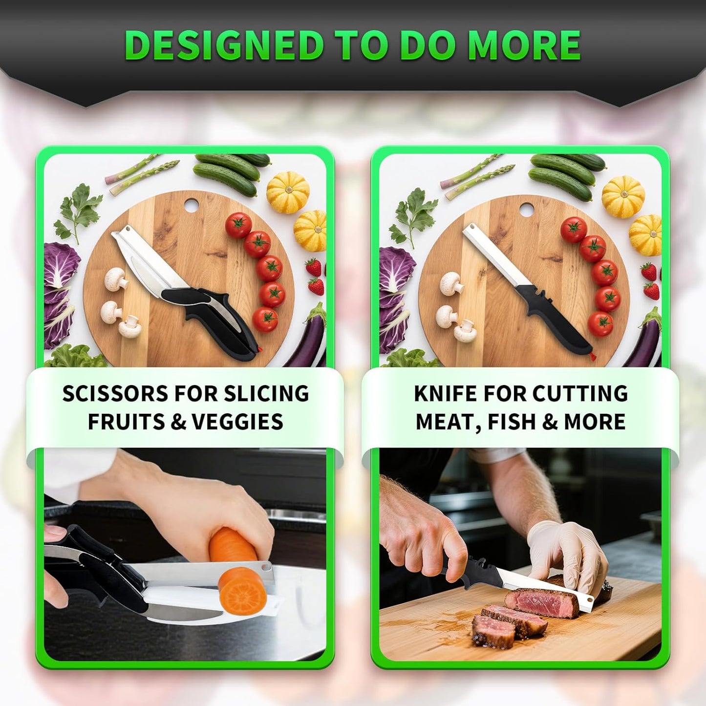 Food Cutting Scissors with Built-in Chopping Board - Premium Stainless Steel Kitchen Shears for Vegetables Fruits Meat Poultry - 2-in-1 Multi-Purpose Dishwasher Safe