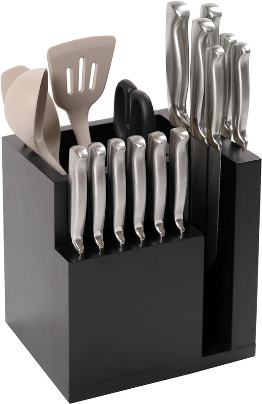 Magnetic Knife Block & Utensil Holder, Black | Holds chef, steak knives, spatulas, scissors, non-slip rubber feet, easy clean, countertop