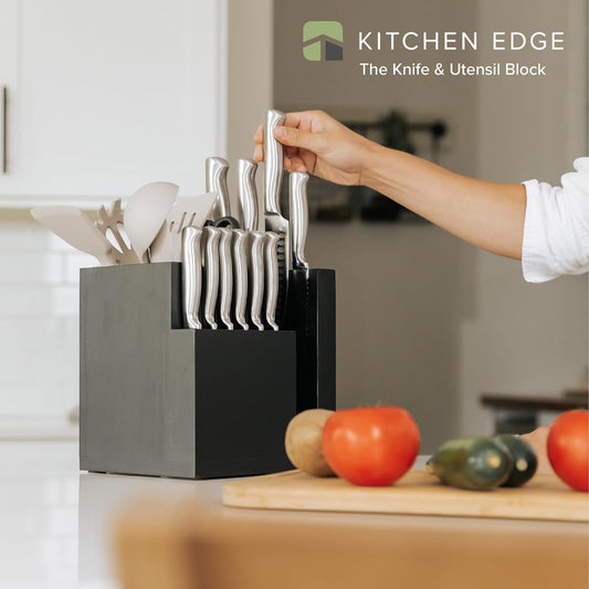 Magnetic Knife Block & Utensil Holder, Black | Holds chef, steak knives, spatulas, scissors, non-slip rubber feet, easy clean, countertop