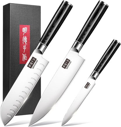 Kitchen Knife Set 3 Pieces, Ultra Sharp Japanese Knife Set Gift Box | High Carbon Stainless Steel Chef Knife Set with Pakkawood Handle, Knives Set for Kitchen & Home Cooking, Dishwasher Safe