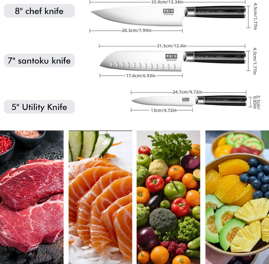 Kitchen Knife Set 3 Pieces, Ultra Sharp Japanese Knife Set Gift Box | High Carbon Stainless Steel Chef Knife Set with Pakkawood Handle, Knives Set for Kitchen & Home Cooking, Dishwasher Safe