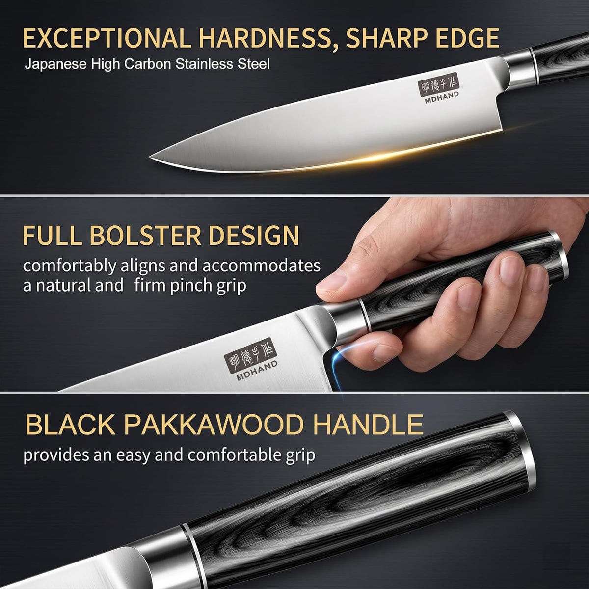 Kitchen Knife Set 3 Pieces, Ultra Sharp Japanese Knife Set Gift Box | High Carbon Stainless Steel Chef Knife Set with Pakkawood Handle, Knives Set for Kitchen & Home Cooking, Dishwasher Safe