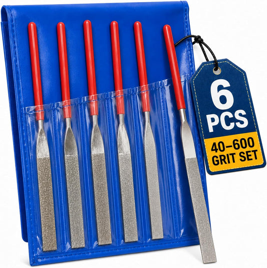 Drilax 6-Pc Diamond File Set, Flat Hand Files (40–600 Grit) Heavy-Duty Diamond Sharpening & Finishing Tools for Glass, Jewelry, Stone, Metal Precision Craft Files for DIY, Workshop & Professional Use