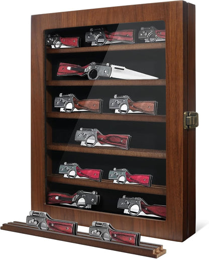 Pocket Knife Display Case, 6 Rows Knives Box Cabinet with HD Tempered Glass Military Folding Knife Stand with Removable 2 Grooves Shelves for Wall Mounted and Desk Display, Black