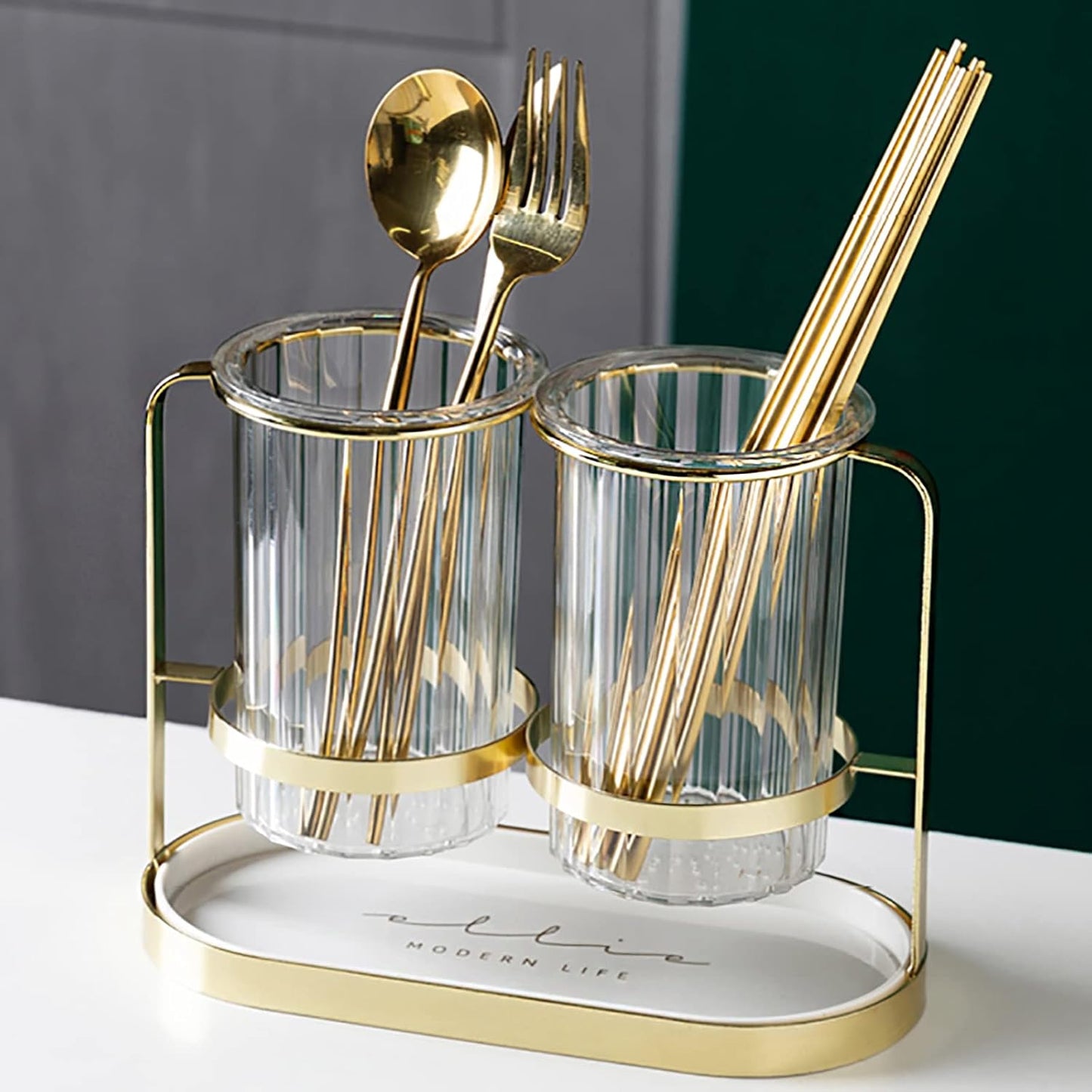 Gold Utensil Holder Silverware Caddy for Party - Cutlery, Spoon, Fork, Flatware Drain Rack Countertop Organizer for Kitchen Restaurant