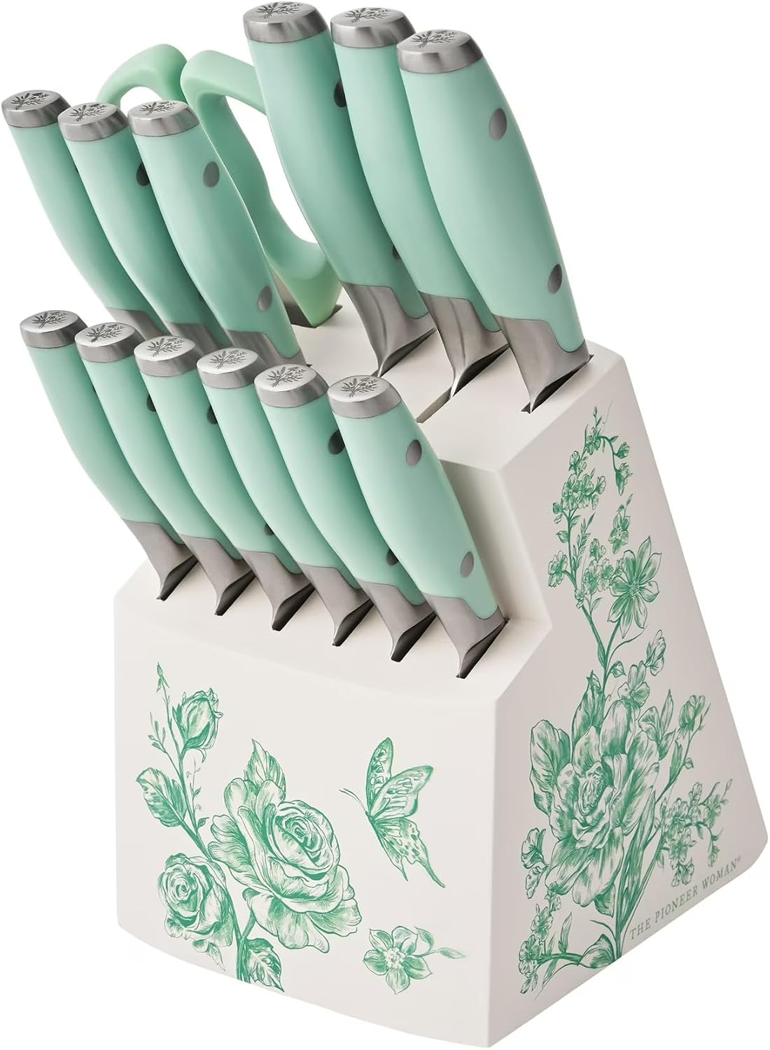 14 Piece Knife Block Set with Stainless Steel Blades, Full Tang Kitchen Knife Set with Wood Storage Block, Chef Knife Bread Knife Utility Steak Knives Kitchen Shears (Green)