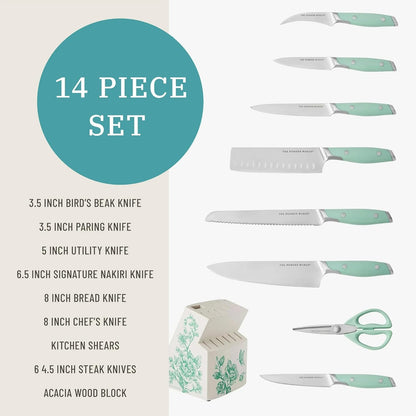14 Piece Knife Block Set with Stainless Steel Blades, Full Tang Kitchen Knife Set with Wood Storage Block, Chef Knife Bread Knife Utility Steak Knives Kitchen Shears (Green)