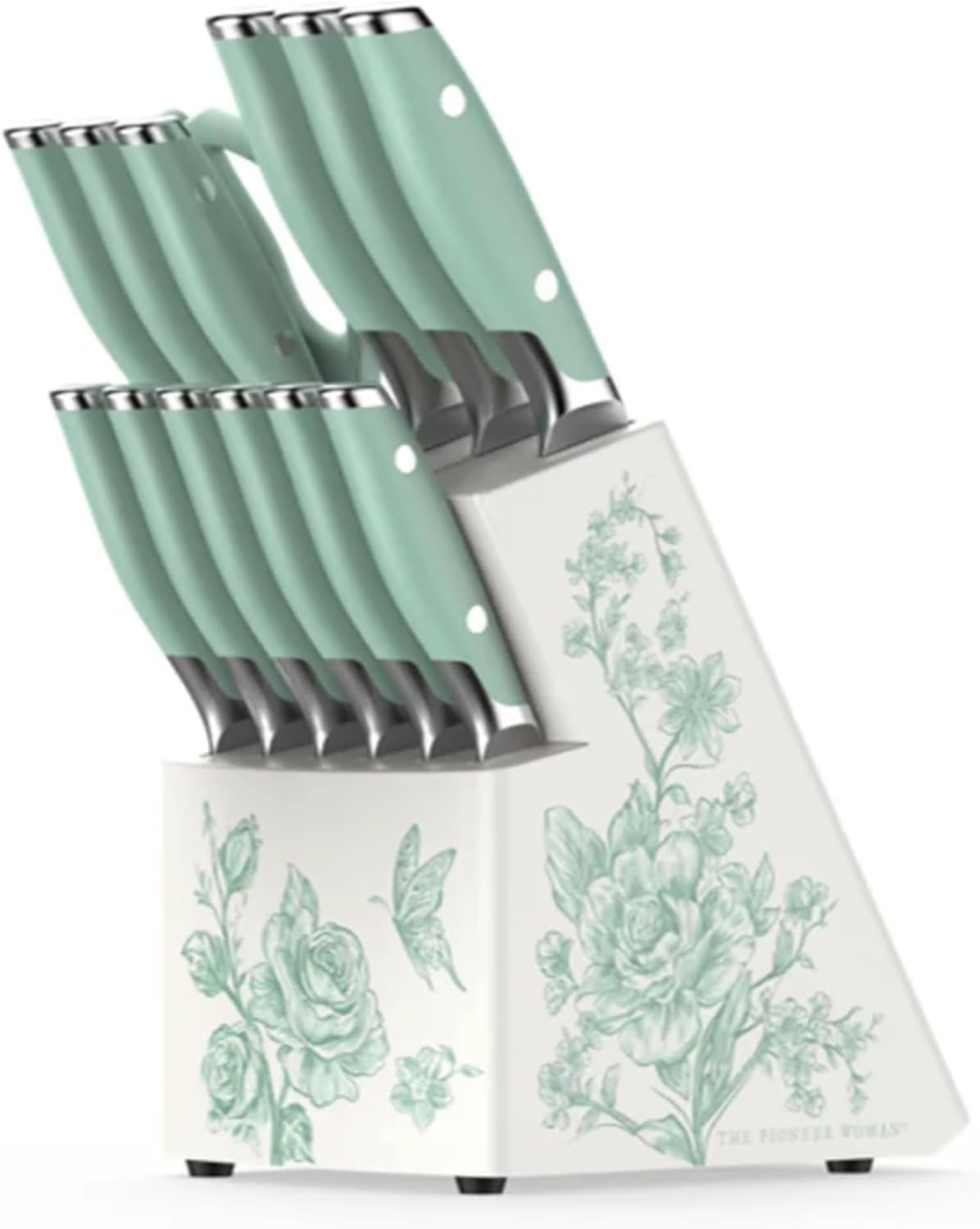 14 Piece Knife Block Set with Stainless Steel Blades, Full Tang Kitchen Knife Set with Wood Storage Block, Chef Knife Bread Knife Utility Steak Knives Kitchen Shears (Green)