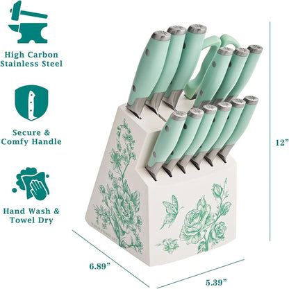 14 Piece Knife Block Set with Stainless Steel Blades, Full Tang Kitchen Knife Set with Wood Storage Block, Chef Knife Bread Knife Utility Steak Knives Kitchen Shears (Green)