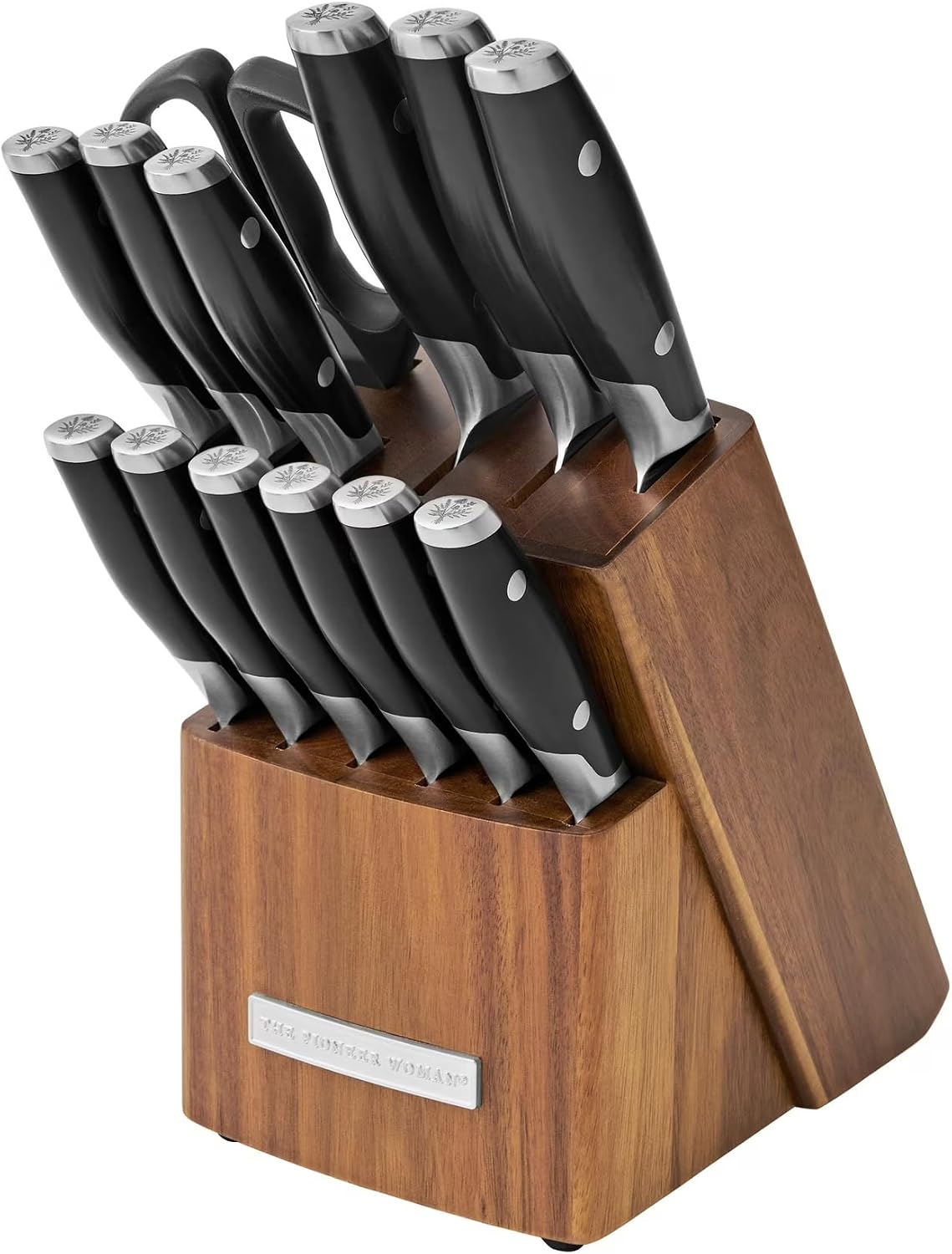 14 Piece Knife Block Set with Stainless Steel Blades, Full Tang Kitchen Knife Set with Wood Storage Block, Chef Knife Bread Knife Utility Steak Knives Kitchen Shears (Green)