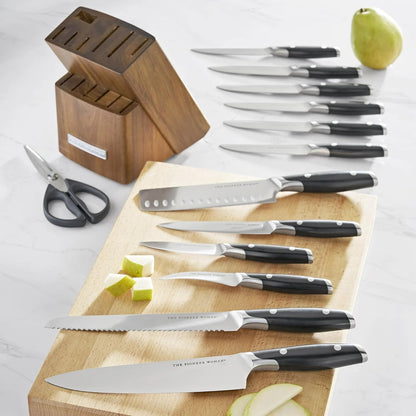 14 Piece Knife Block Set with Stainless Steel Blades, Full Tang Kitchen Knife Set with Wood Storage Block, Chef Knife Bread Knife Utility Steak Knives Kitchen Shears (Green)