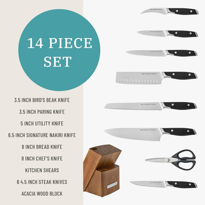 14 Piece Knife Block Set with Stainless Steel Blades, Full Tang Kitchen Knife Set with Wood Storage Block, Chef Knife Bread Knife Utility Steak Knives Kitchen Shears (Green)