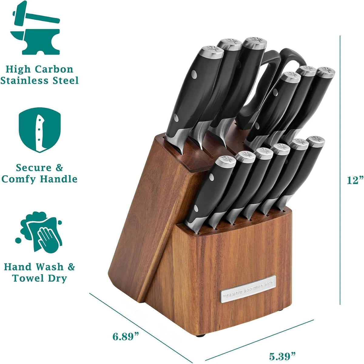 14 Piece Knife Block Set with Stainless Steel Blades, Full Tang Kitchen Knife Set with Wood Storage Block, Chef Knife Bread Knife Utility Steak Knives Kitchen Shears (Green)