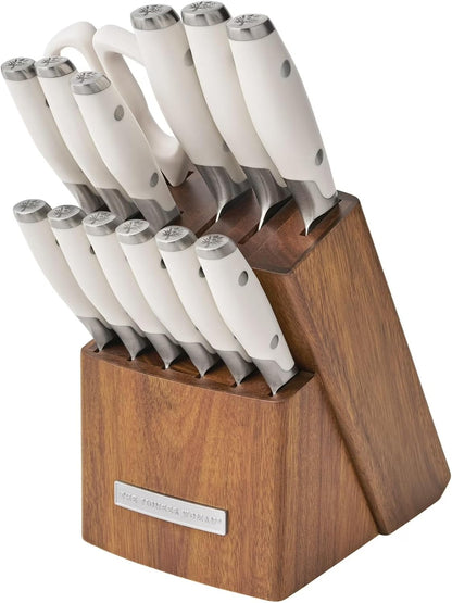 14 Piece Knife Block Set with Stainless Steel Blades, Full Tang Kitchen Knife Set with Wood Storage Block, Chef Knife Bread Knife Utility Steak Knives Kitchen Shears (Green)