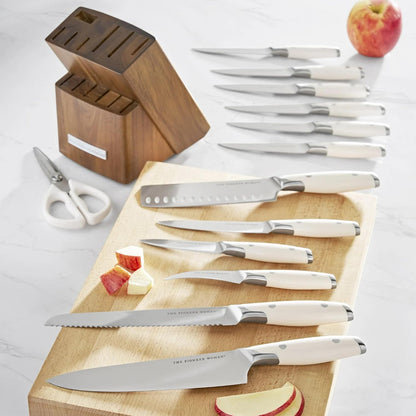 14 Piece Knife Block Set with Stainless Steel Blades, Full Tang Kitchen Knife Set with Wood Storage Block, Chef Knife Bread Knife Utility Steak Knives Kitchen Shears (Green)