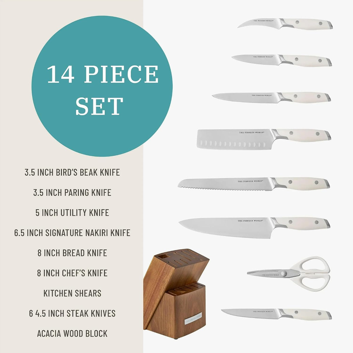 14 Piece Knife Block Set with Stainless Steel Blades, Full Tang Kitchen Knife Set with Wood Storage Block, Chef Knife Bread Knife Utility Steak Knives Kitchen Shears (Green)
