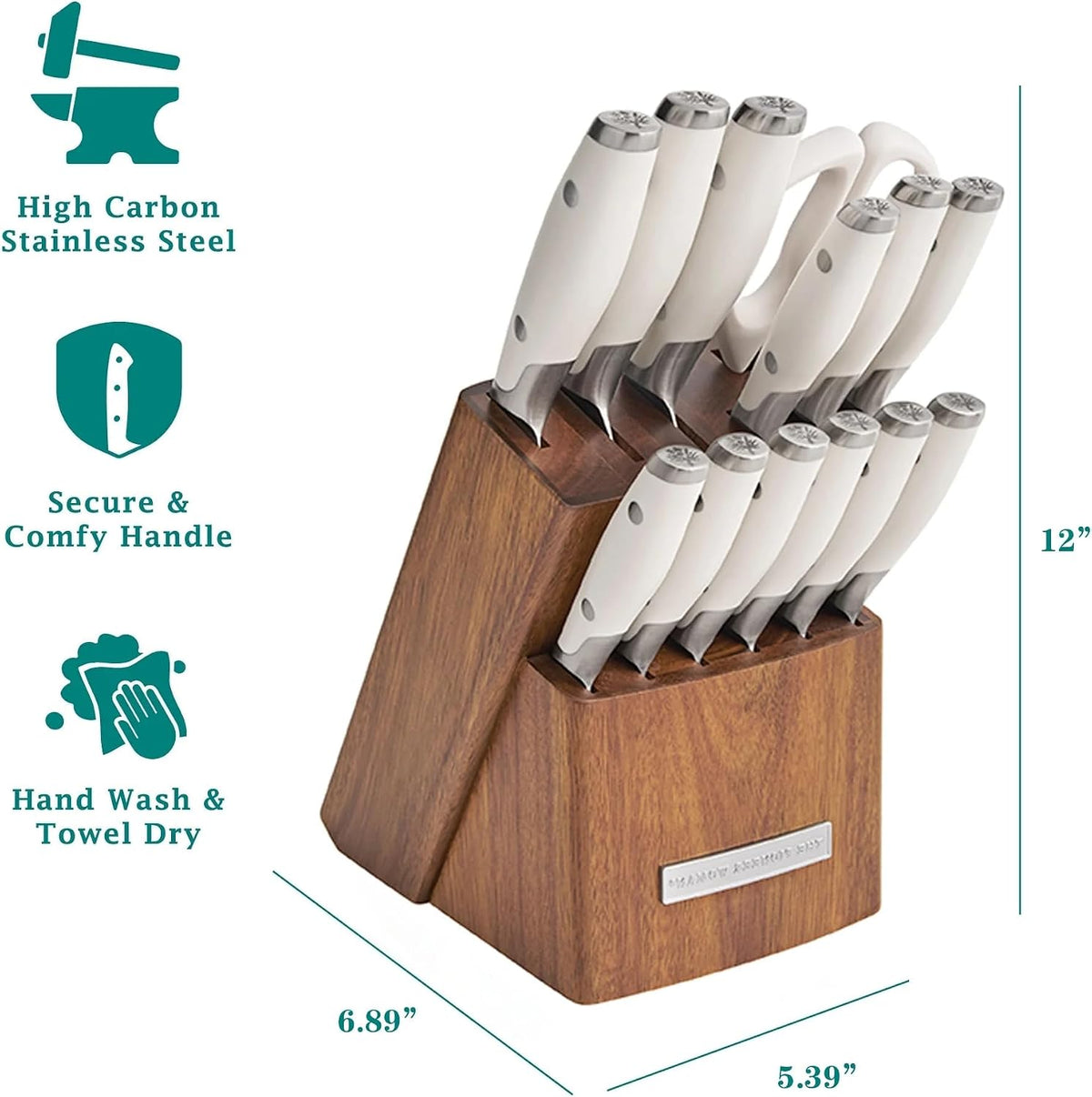 14 Piece Knife Block Set with Stainless Steel Blades, Full Tang Kitchen Knife Set with Wood Storage Block, Chef Knife Bread Knife Utility Steak Knives Kitchen Shears (Green)