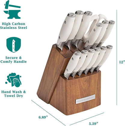 14 Piece Knife Block Set with Stainless Steel Blades, Full Tang Kitchen Knife Set with Wood Storage Block, Chef Knife Bread Knife Utility Steak Knives Kitchen Shears (Green)