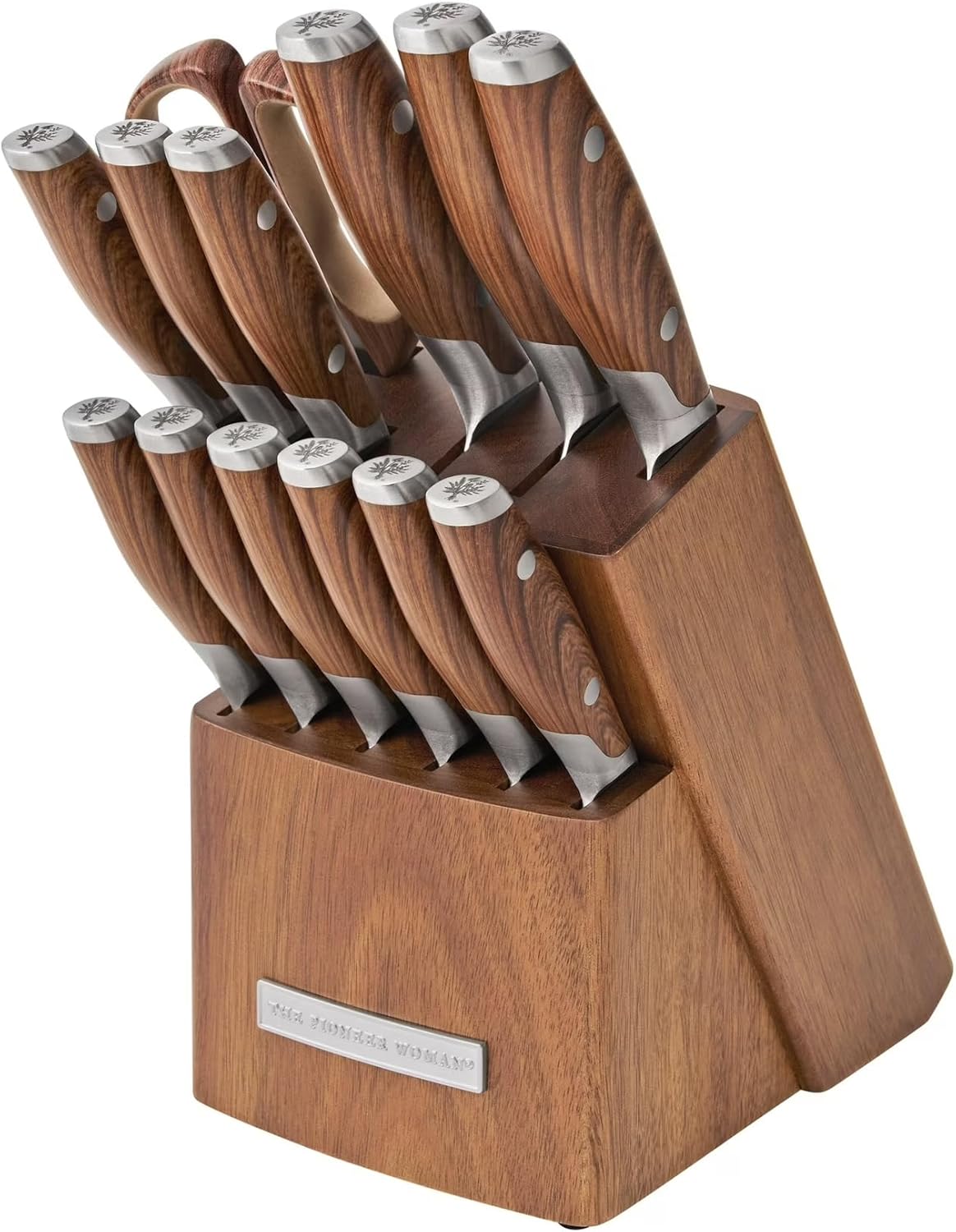 14 Piece Knife Block Set with Stainless Steel Blades, Full Tang Kitchen Knife Set with Wood Storage Block, Chef Knife Bread Knife Utility Steak Knives Kitchen Shears (Green)