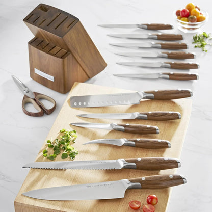 14 Piece Knife Block Set with Stainless Steel Blades, Full Tang Kitchen Knife Set with Wood Storage Block, Chef Knife Bread Knife Utility Steak Knives Kitchen Shears (Green)
