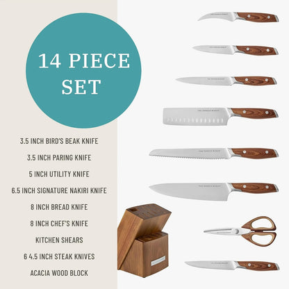 14 Piece Knife Block Set with Stainless Steel Blades, Full Tang Kitchen Knife Set with Wood Storage Block, Chef Knife Bread Knife Utility Steak Knives Kitchen Shears (Green)