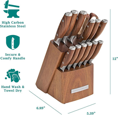 14 Piece Knife Block Set with Stainless Steel Blades, Full Tang Kitchen Knife Set with Wood Storage Block, Chef Knife Bread Knife Utility Steak Knives Kitchen Shears (Green)