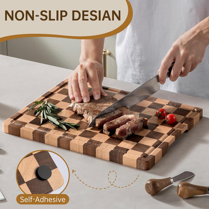 Checkered Cutting Board, Wooden Cutting Boards for Kitchen, Acacia Wood Cutting Board with Handle & Juice Grooves, Small Charcuterie Boards with Gift Box, 14" X 11" X 0.8"