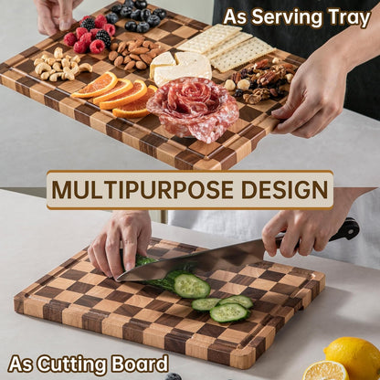 Checkered Cutting Board, Wooden Cutting Boards for Kitchen, Acacia Wood Cutting Board with Handle & Juice Grooves, Small Charcuterie Boards with Gift Box, 14" X 11" X 0.8"