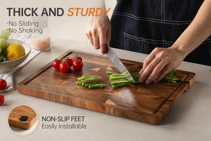 Checkered Cutting Board, Wooden Cutting Boards for Kitchen, Acacia Wood Cutting Board with Handle & Juice Grooves, Small Charcuterie Boards with Gift Box, 14" X 11" X 0.8"