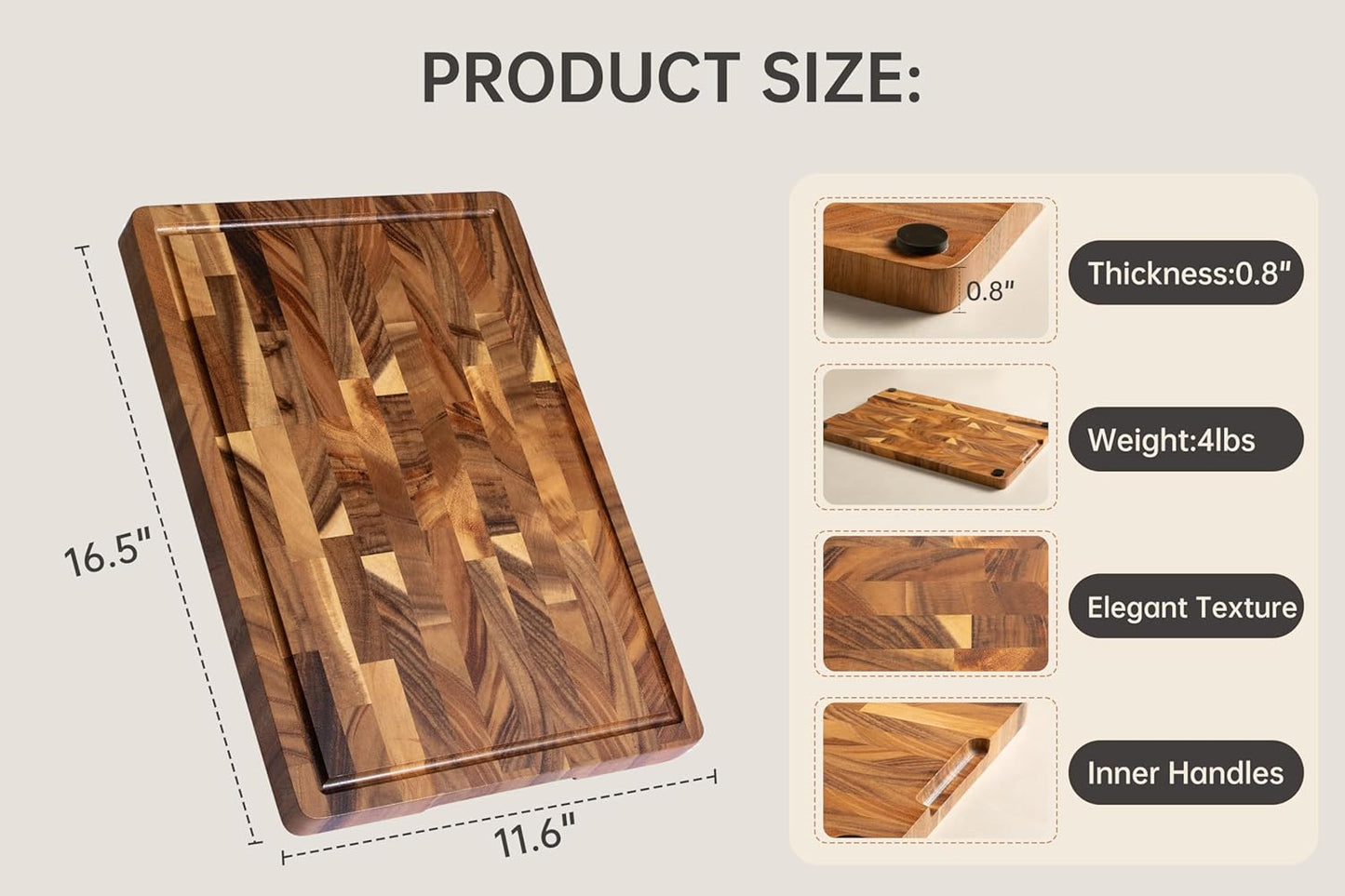 Checkered Cutting Board, Wooden Cutting Boards for Kitchen, Acacia Wood Cutting Board with Handle & Juice Grooves, Small Charcuterie Boards with Gift Box, 14" X 11" X 0.8"