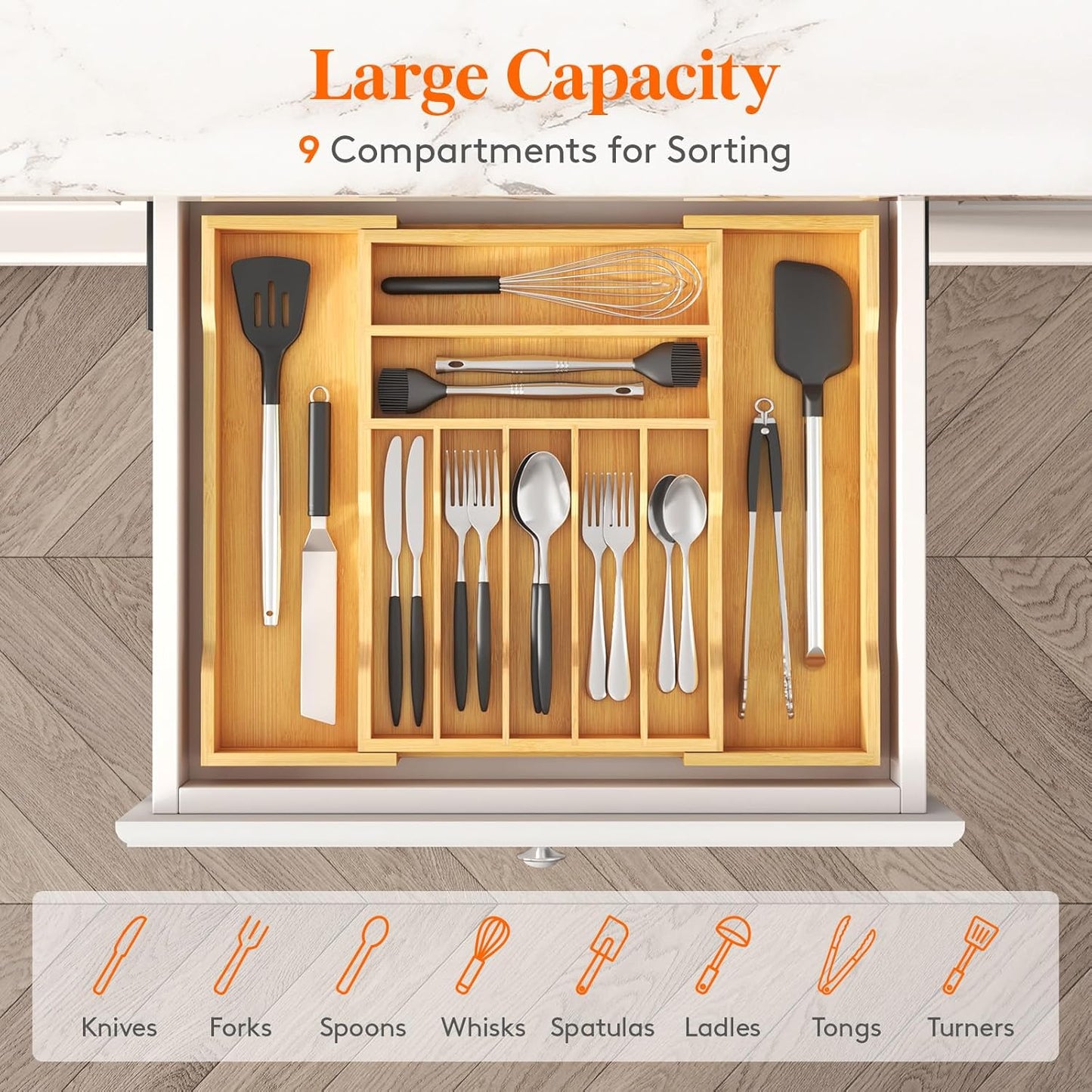 Silverware Drawer Organizer, Expandable Utensil Tray for Kitchen, Flatware and Cutlery Holder, Wood Adjustable Storage for Spoons Forks Knives, 13-22x15/ 33-56x38cm, Natural